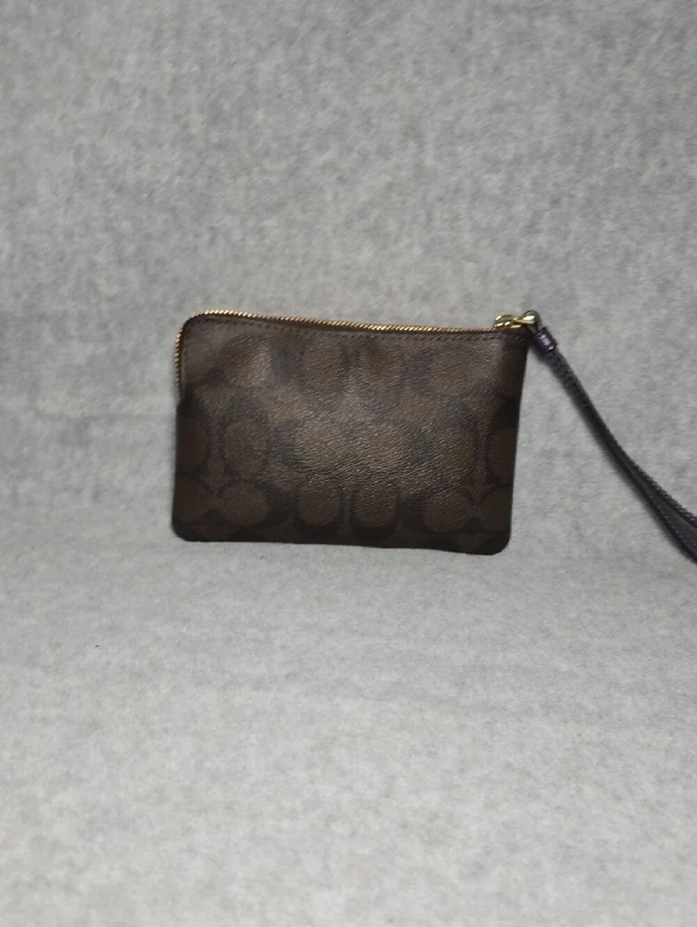 Coach Brown Signature Coated Canvas Wristlet with Purple Leather Center Stripe
